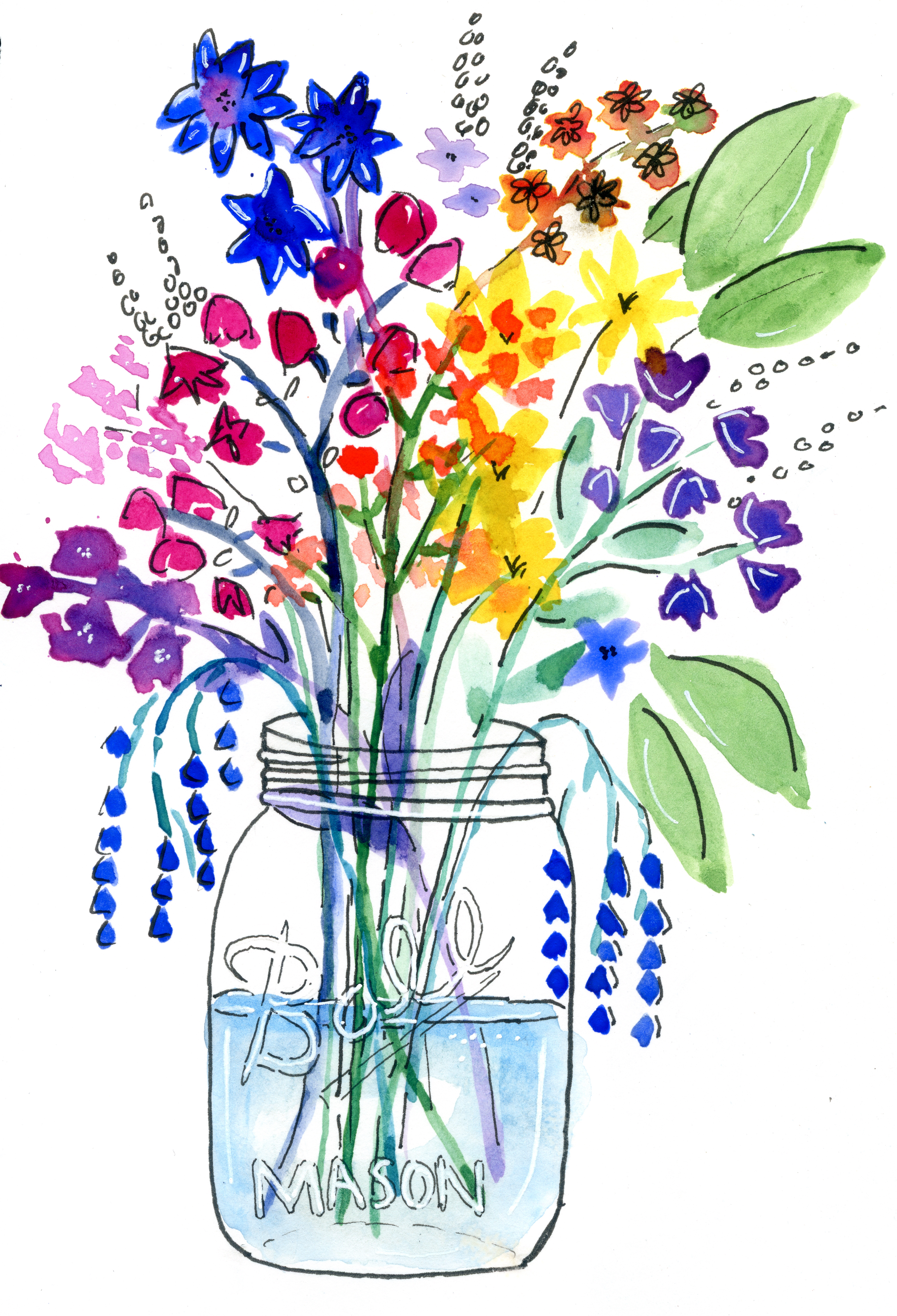 QoR Watercolor and ink flowers in a mason jar.